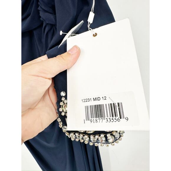 Mac Duggal 12231 Midnight Beaded Cuff Drop Shoulder Faux Wrap Gown 12 NWT - Picture 5 of 7